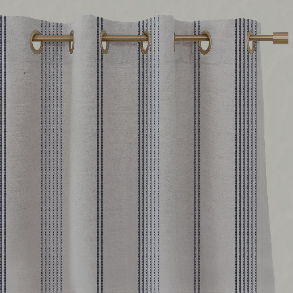 Blue Striped Linen Eyelet Curtains - Brea Deep Blue  - Natural base fabric.