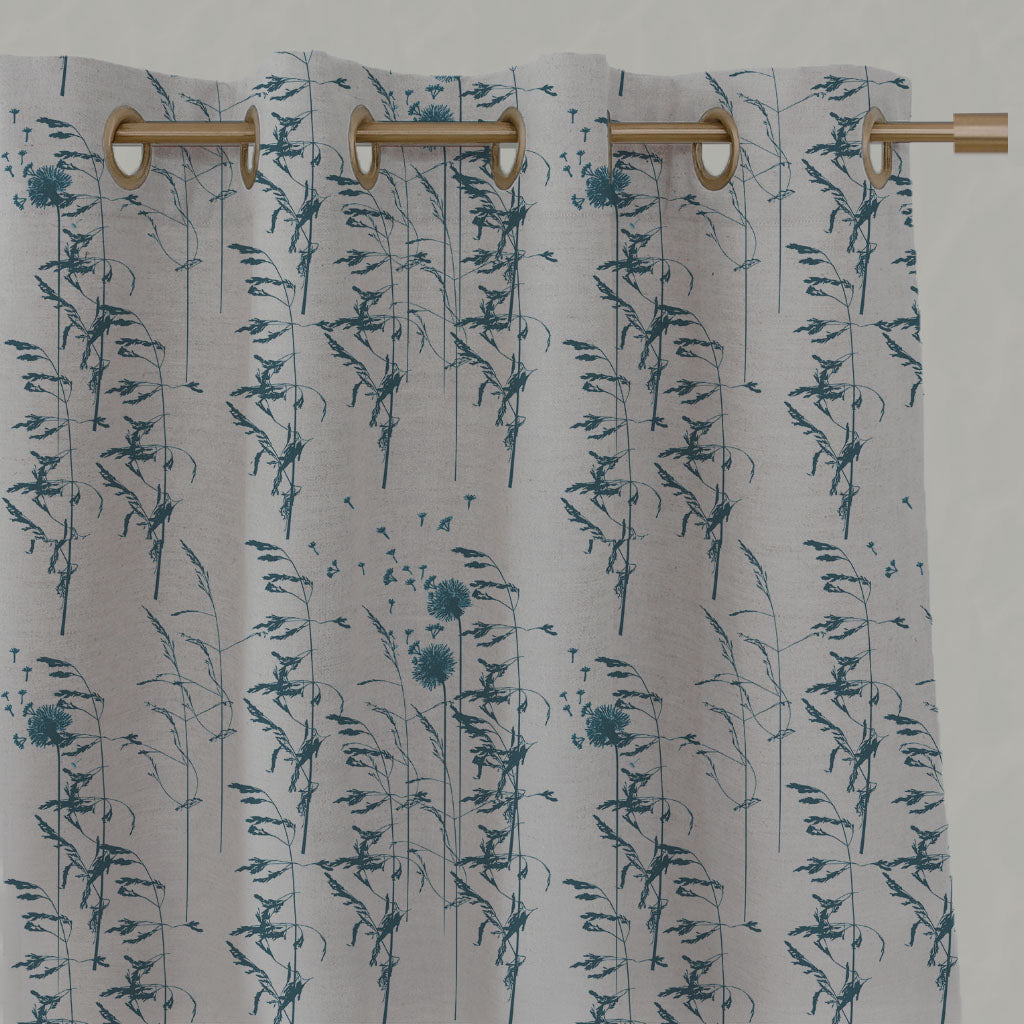 Blue Botanical Linen Eyelet Curtains - Breeze Blue Stone - Natural base fabric.