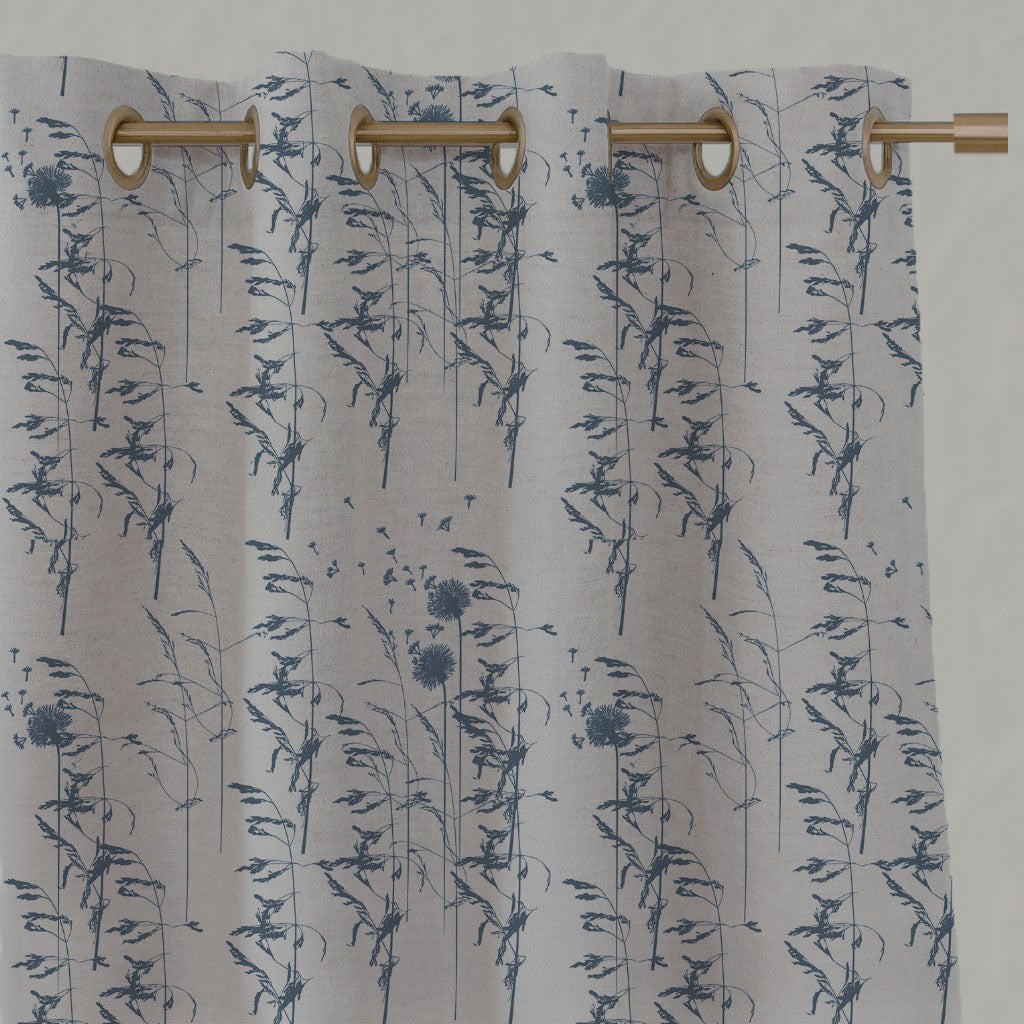 Blue Botanical Linen Eyelet Curtains - Breeze Denim - Natural base fabric.