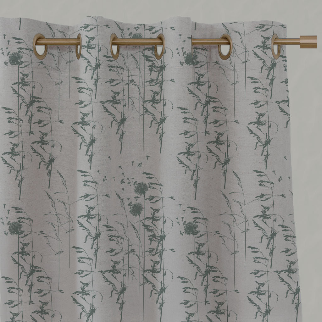 Green Botanical Linen Eyelet Curtains - Breeze Sage - Natural base fabric.