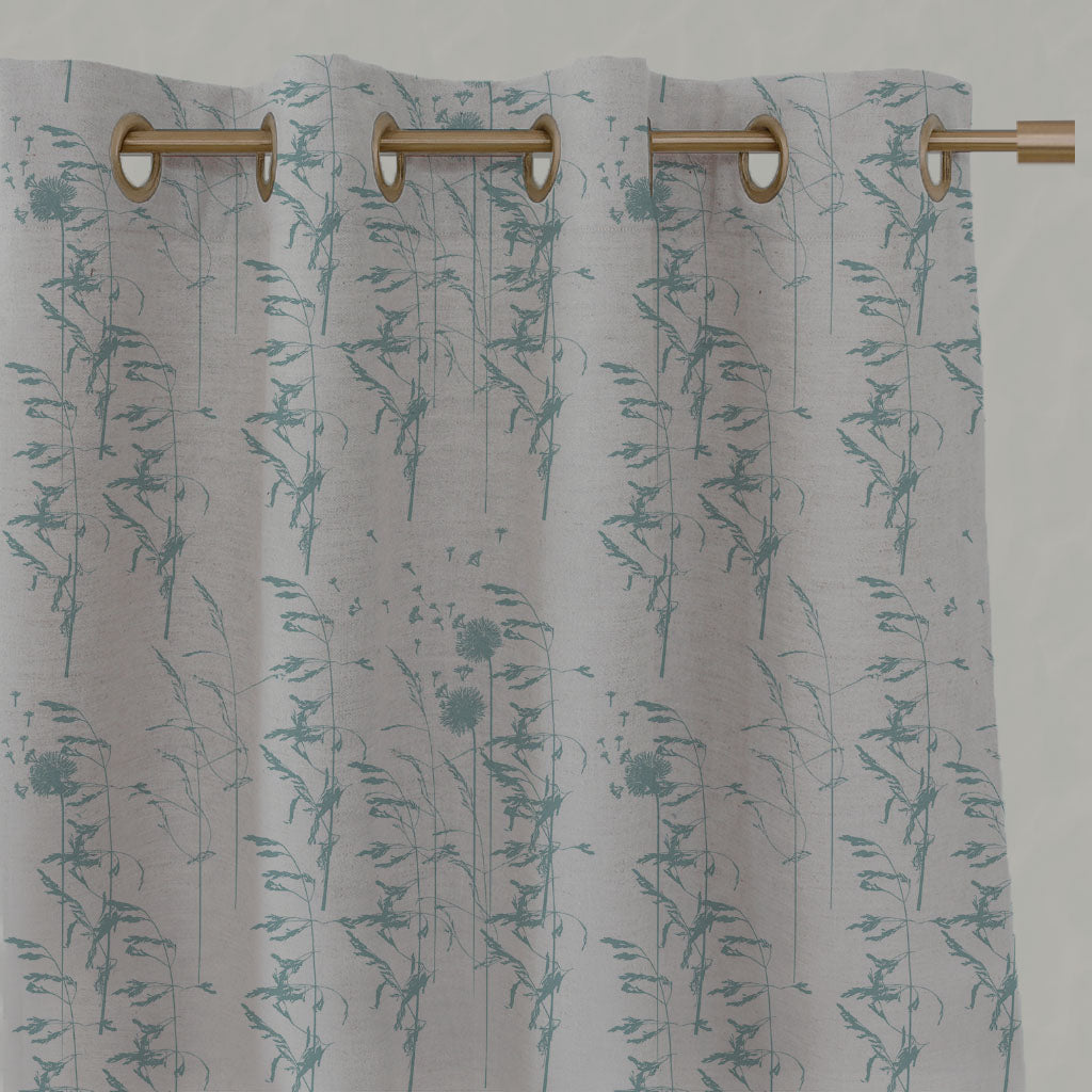 Blue Botanical Linen Eyelet Curtains - Breeze Sea Breeze - Natural base fabric.