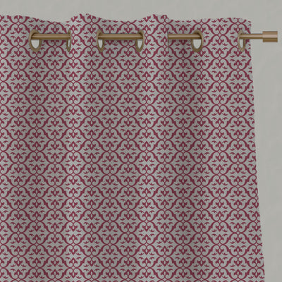 Red Patterned Linen Eyelet Curtains - Brita Cherry - Natural base fabric.