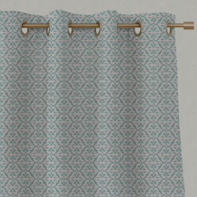 Blue Patterned Linen Eyelet Curtains - Brita Duck Egg - Natural base fabric.
