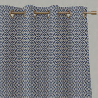Blue Patterned Linen Eyelet Curtains - Brita Night Blue - Natural base fabric.