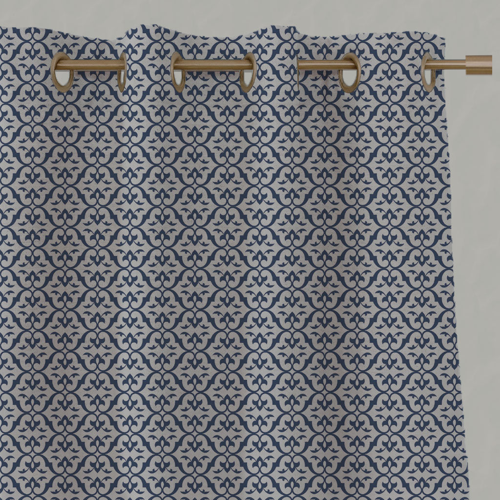 Blue Patterned Linen Eyelet Curtains - Brita Night Blue - Natural base fabric.