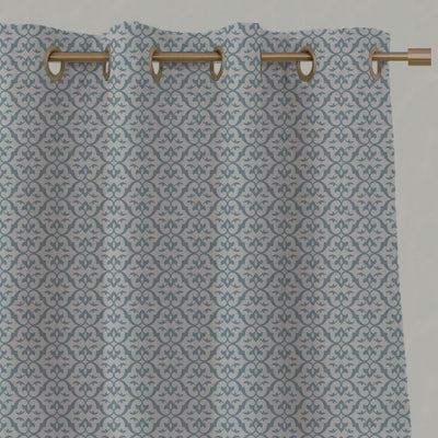 Blue Patterned Linen Eyelet Curtains - Brita Sky - Natural base fabric.