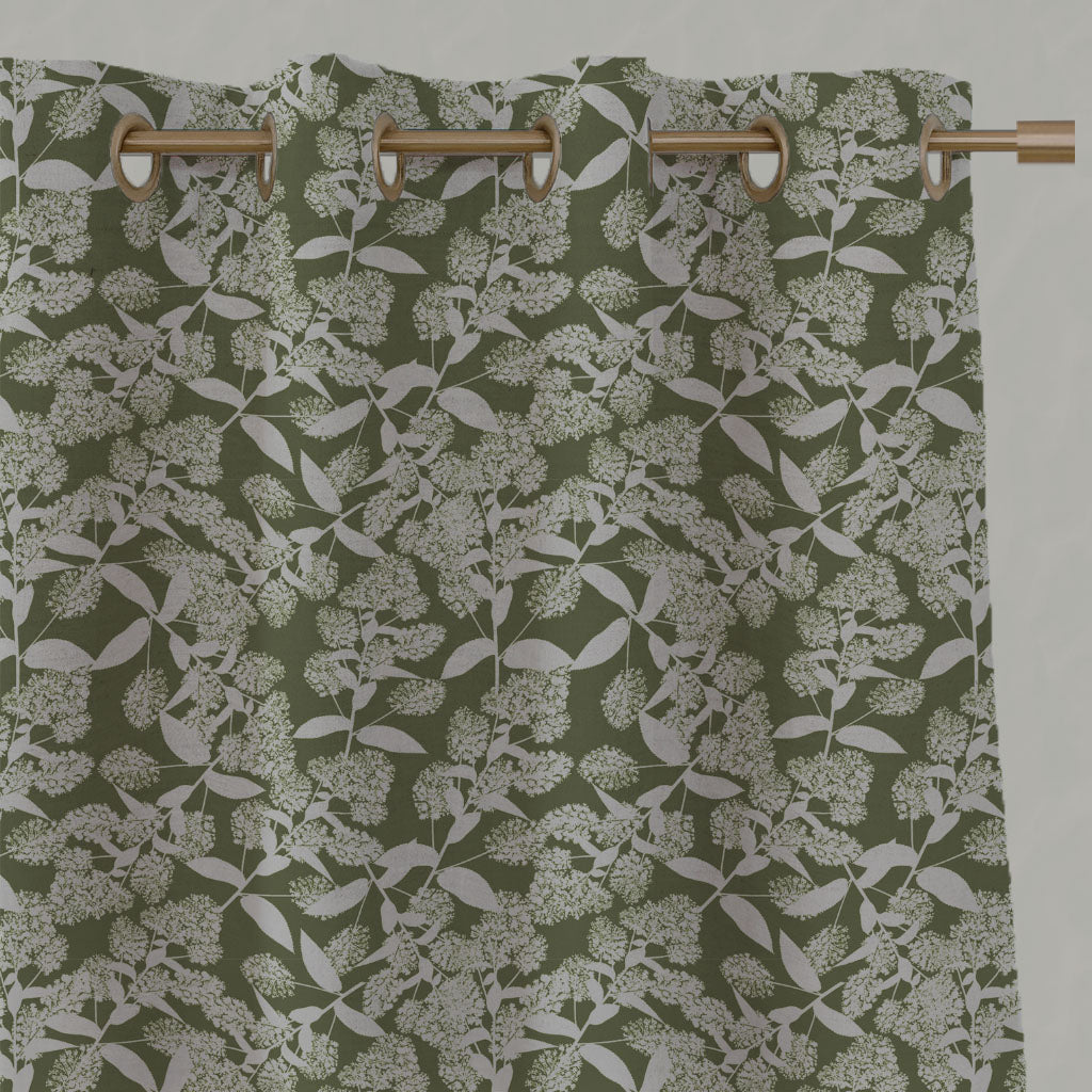 Green Floral Linen Eyelet Curtains - Dagmar-INV Khaki - Natural base fabric.
