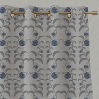 Blue Floral Linen Eyelet Curtains - Dana Night Blue - Natural base fabric.