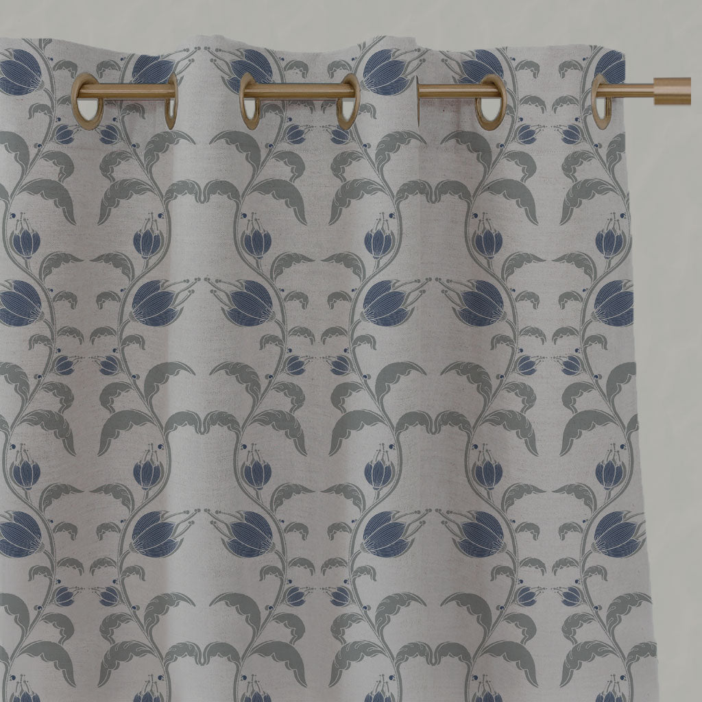 Blue Floral Linen Eyelet Curtains - Dana Night Blue - Natural base fabric.
