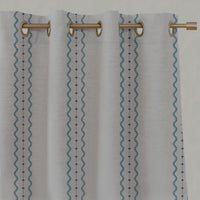 Blue Striped Linen Eyelet Curtains - Daphne Marine Blue - Natural base fabric.