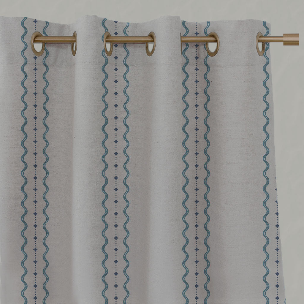 Blue Striped Linen Eyelet Curtains - Daphne Marine Blue - Natural base fabric.