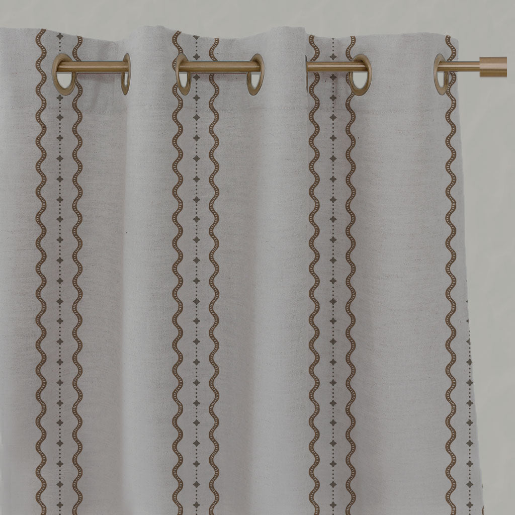 Brown Striped Linen Eyelet Curtains - Daphne Sand - Natural base fabric.