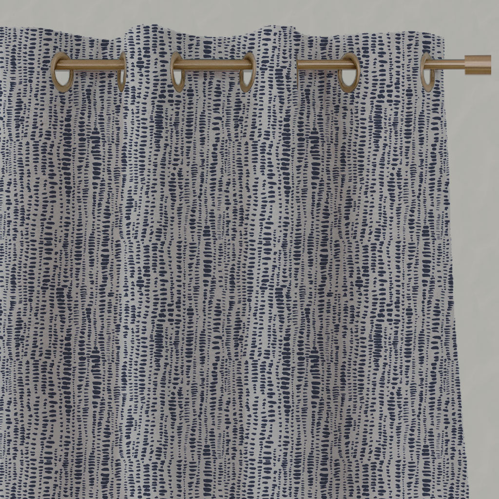 Blue Patterned Linen Eyelet Curtains - Dora Deep Blue - Natural base fabric.