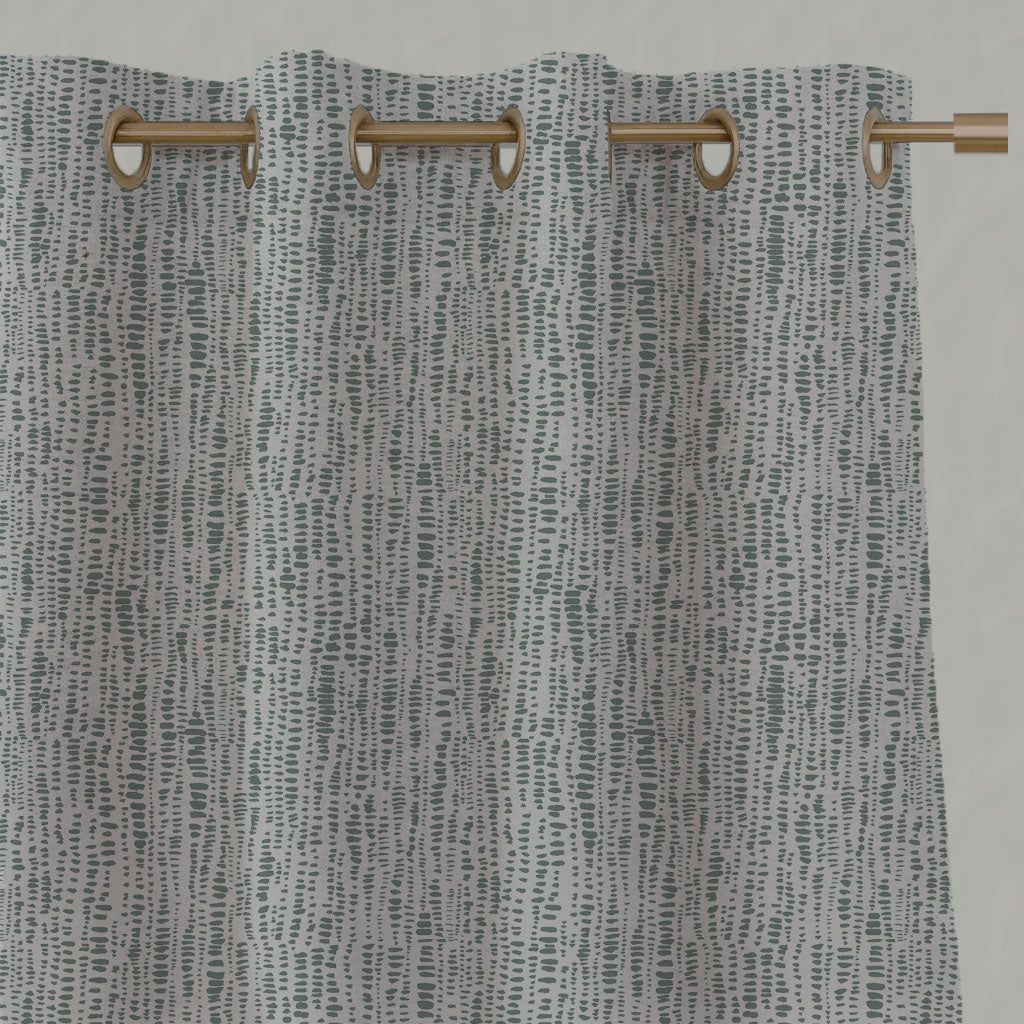 Green Patterned Linen Eyelet Curtains - Dora Sage - Natural base fabric.