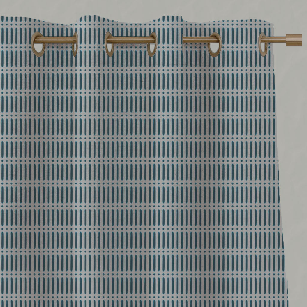 Blue Patterned Linen Eyelet Curtains - Egenia Blue Stone - Natural base fabric.
