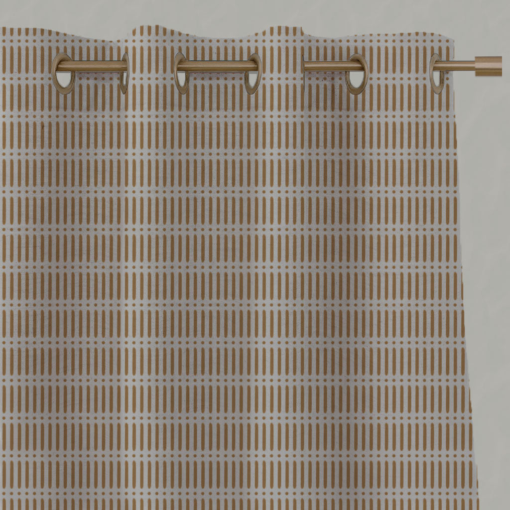 Orange / Yellow Patterned Linen Eyelet Curtains - Egenia Gold Ochre - Natural base fabric.