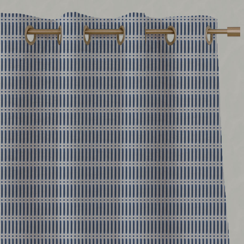 Blue Patterned Linen Eyelet Curtains - Egenia Night Blue - Natural base fabric.