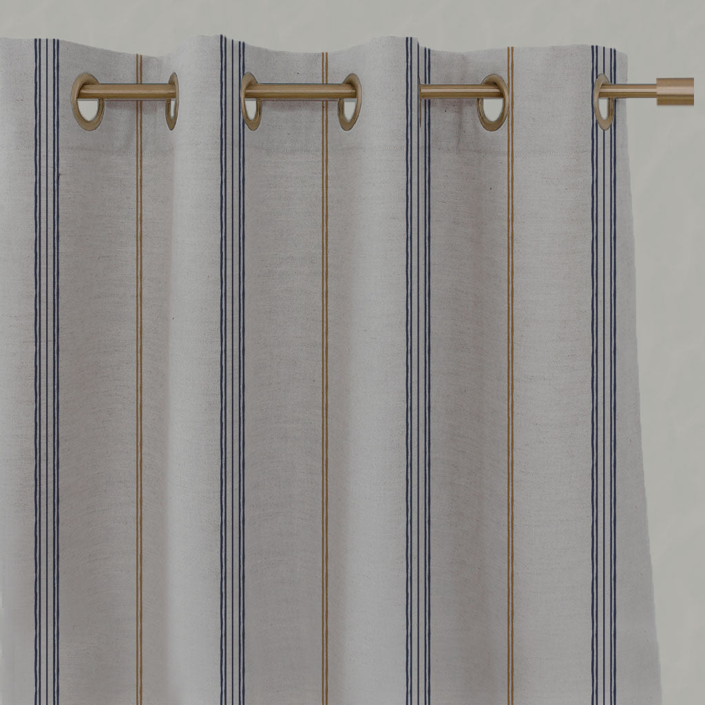 Blue / Orange Striped Linen Eyelet Curtains - Elise Blue Ochre - Natural base fabric.