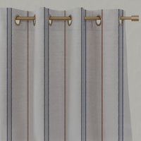 Blue / Orange Striped Linen Eyelet Curtains - Elise Blue Terracotta - Natural base fabric.