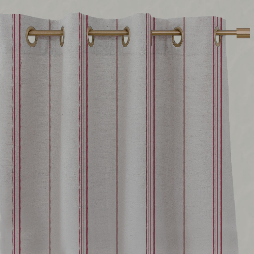 Red / Pink Striped Linen Eyelet Curtains - Elise Pink Cherry - Natural base fabric.