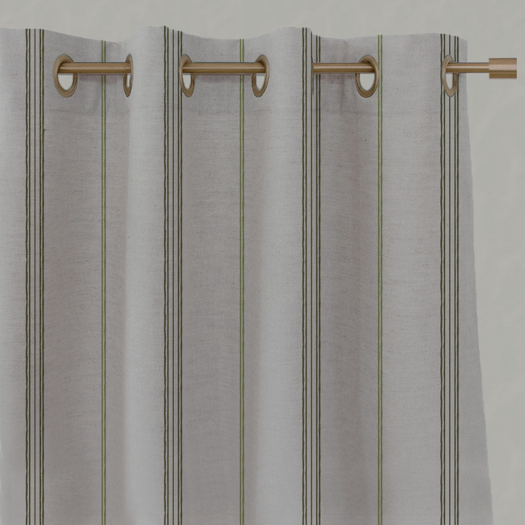 Green Striped Linen Eyelet Curtains - Elise Seaweed - Natural base fabric.