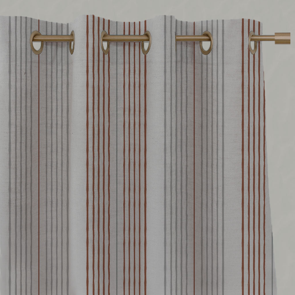 Orange Striped Linen Eyelet Curtains - Else Terracotta - Natural base fabric.