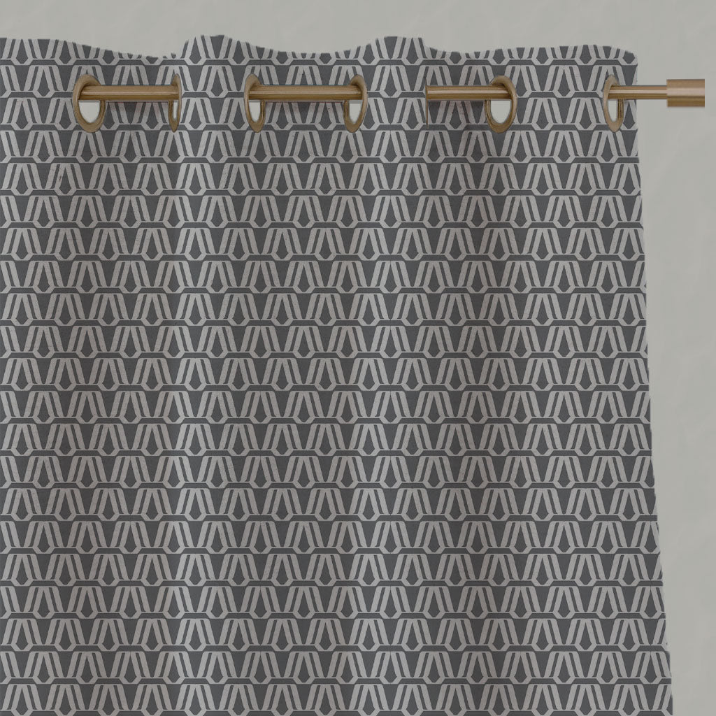 Grey Patterned Linen Eyelet Curtains - Elva Ash - Natural base fabric.
