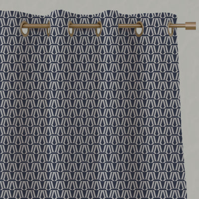 Blue Patterned Linen Eyelet Curtains - Elva Deep Blue - Natural base fabric.