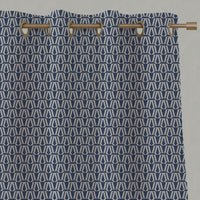 Blue Patterned Linen Eyelet Curtains - Elva Night Blue - Natural base fabric.