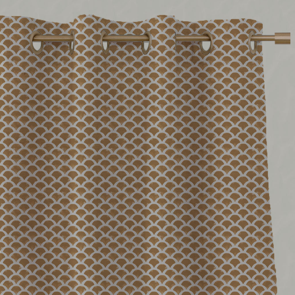 Orange / Yellow Patterned Linen Eyelet Curtains - Erle Gold Ochre - Natural base fabric.