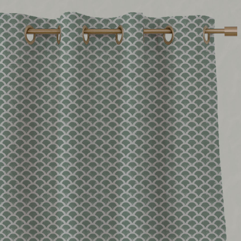 Green Patterned Linen Eyelet Curtains - Erle Jade Mist - Natural base fabric.