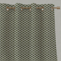 Green Patterned Linen Eyelet Curtains - Erle Khaki - Natural base fabric.