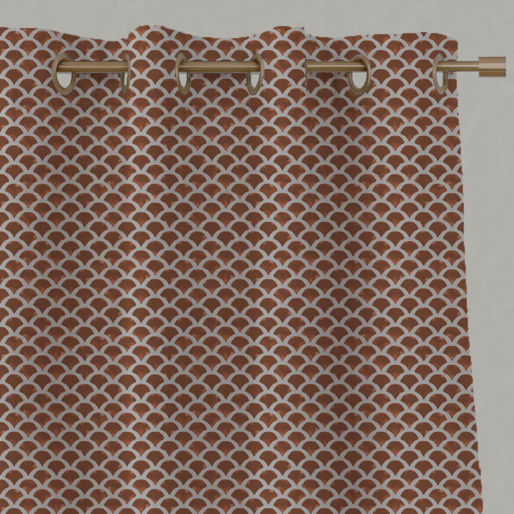 Orange Patterned Linen Eyelet Curtains - Erle Terracotta  - Natural base fabric.
