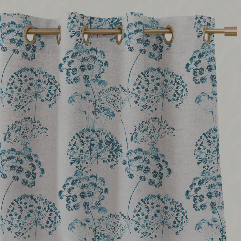 Blue Floral Linen Eyelet Curtains - Erleen Nat Blue Stone - Natural base fabric.