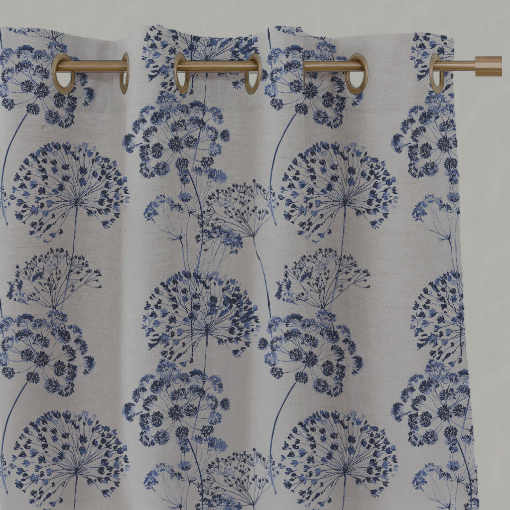 Blue Floral Linen Eyelet Curtains - Erleen Nat Deep Blue - Natural base fabric.