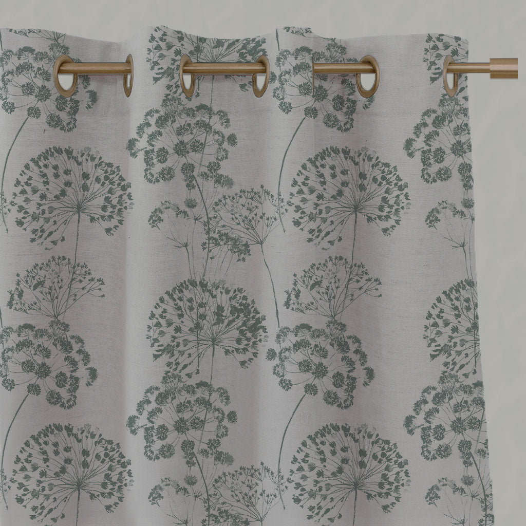 Green Floral Linen Eyelet Curtains - Erleen Nat Sage - Natural base fabric.