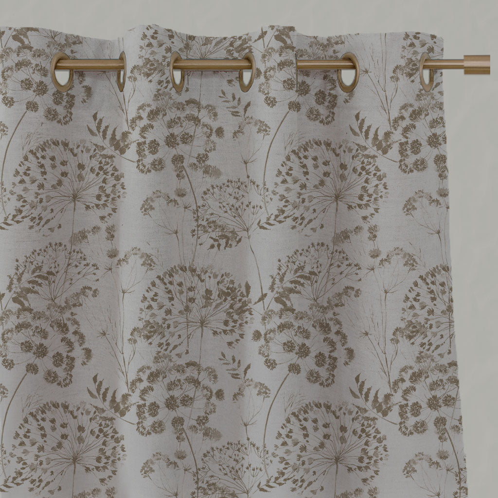 Brown Floral Linen Eyelet Curtains - Erleen Nat Sand - Natural base fabric.