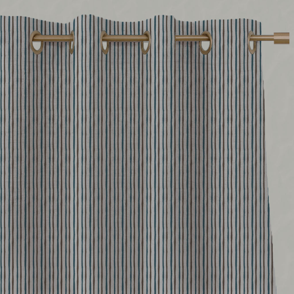 Blue / Brown Striped Linen Eyelet Curtains - Evelina Blue Stone - Natural base fabric.