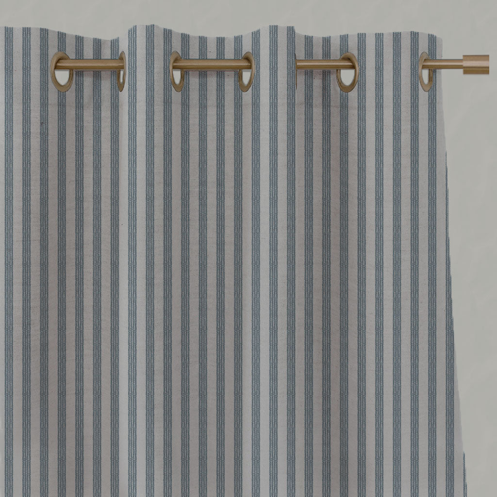 Blue Striped Linen Eyelet Curtains - Evianne Blue Stone - Natural base fabric.