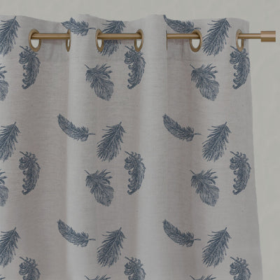 Blue Patterned Linen Eyelet Curtains - Feathers Denim - Natural base fabric.