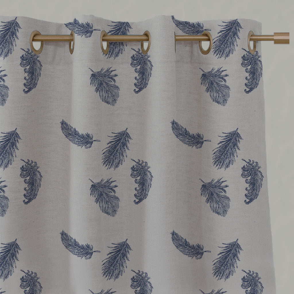Blue Patterned Linen Eyelet Curtains - Feathers Night Blue - Natural base fabric.