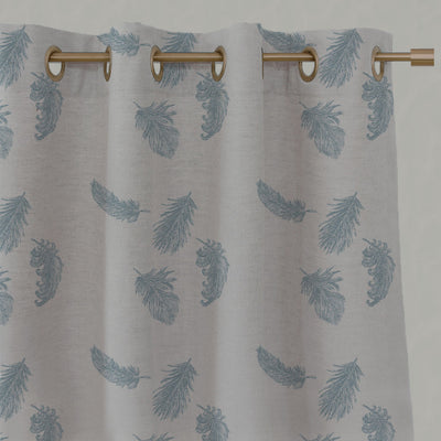 Blue Patterned Linen Eyelet Curtains - Feathers Sky - Natural base fabric.