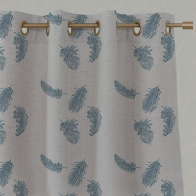 Blue Patterned Linen Eyelet Curtains - Feathers True Blue - Natural base fabric.