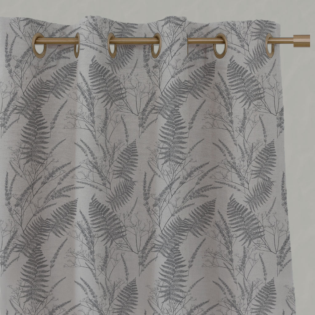 Grey Botanical Linen Eyelet Curtains - Fernia Ash - Natural base fabric.