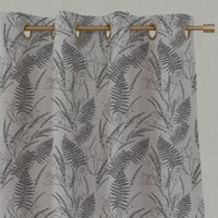 Grey Botanical Linen Eyelet Curtains - Fernia Charcoal - Natural base fabric.
