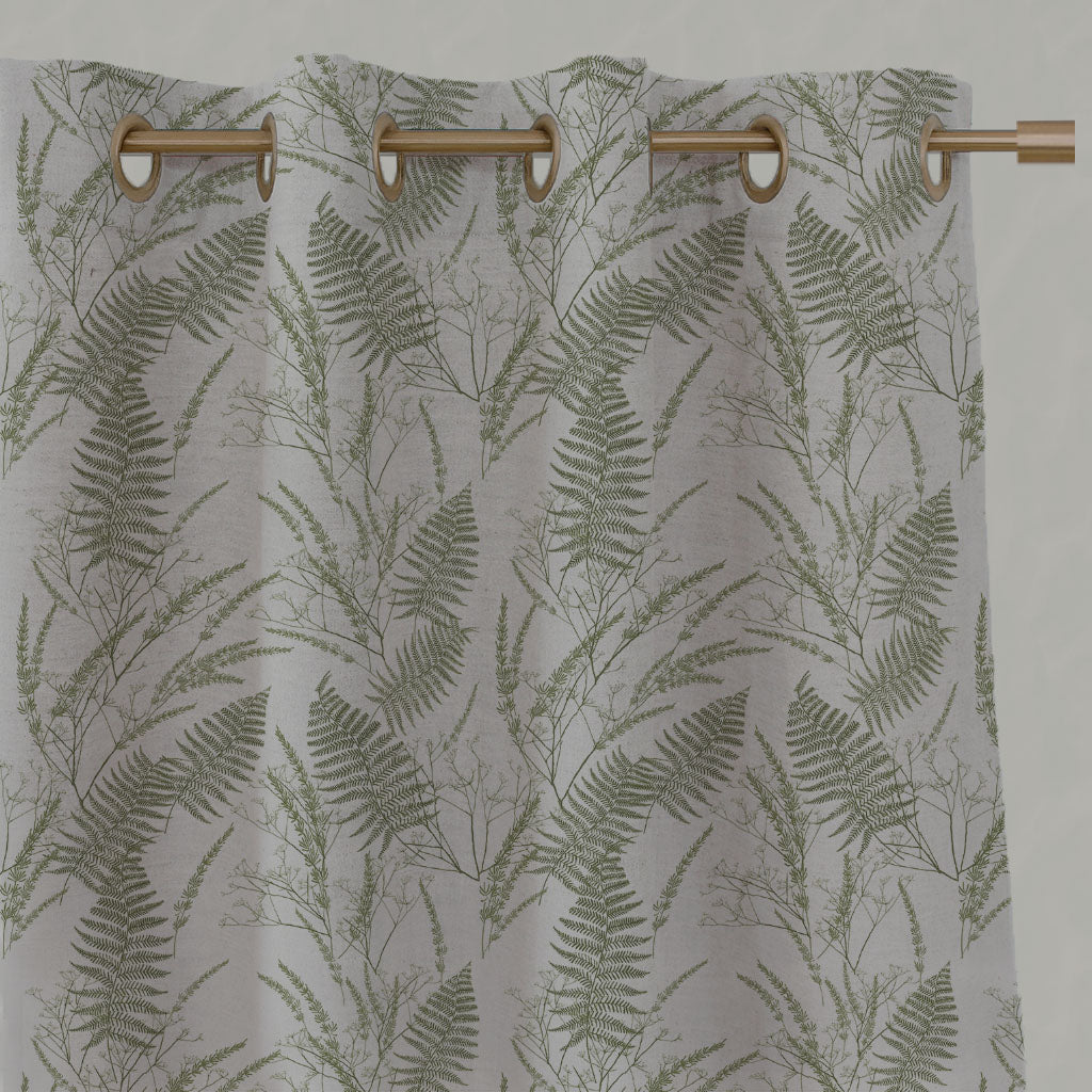 Green Botanical Linen Eyelet Curtains - Fernia Khaki - Natural base fabric.