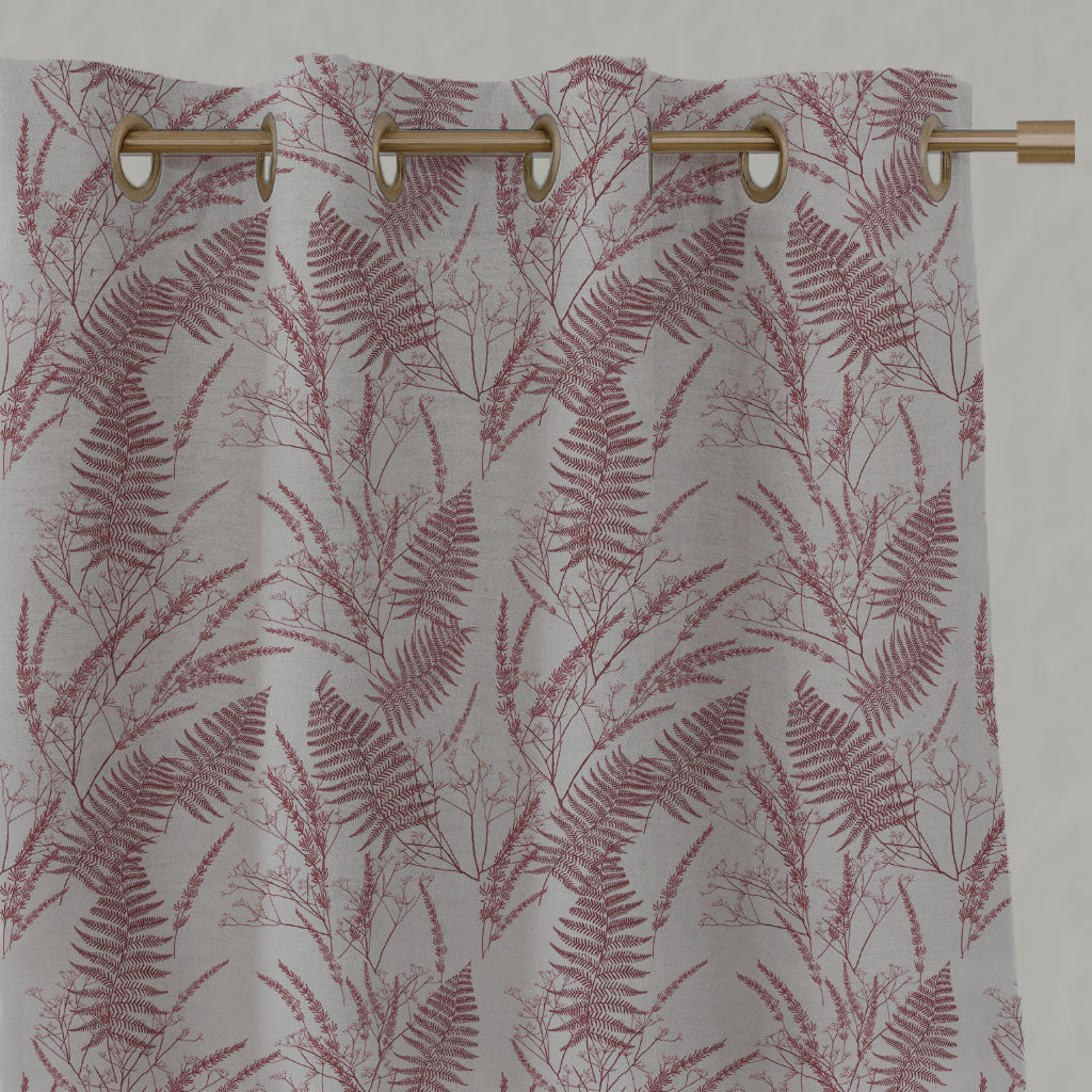 Red Botanical Linen Eyelet Curtains - Fernia Wine - Natural base fabric.