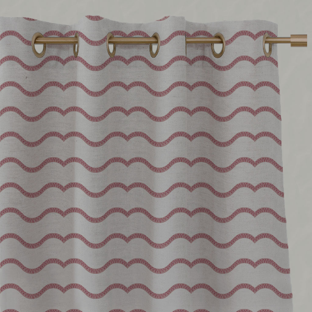Red / Pink Patterned Linen Eyelet Curtains - Fiorella Dusty Pink-Red - Natural base fabric.