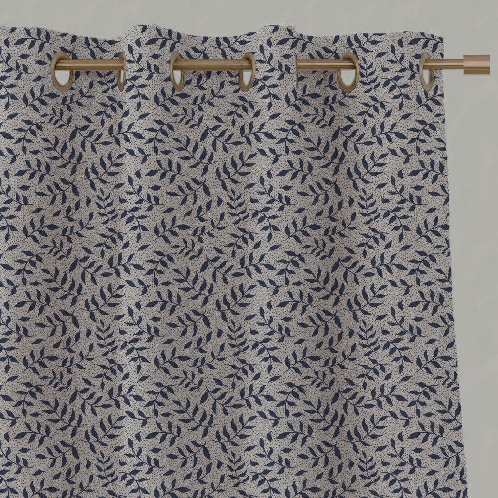 Blue Botanical Linen Eyelet Curtains - Fita Deep Blue - Natural base fabric.