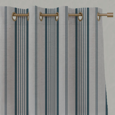Blue Striped Linen Eyelet Curtains - Freja Blue Stone - Natural base fabric.